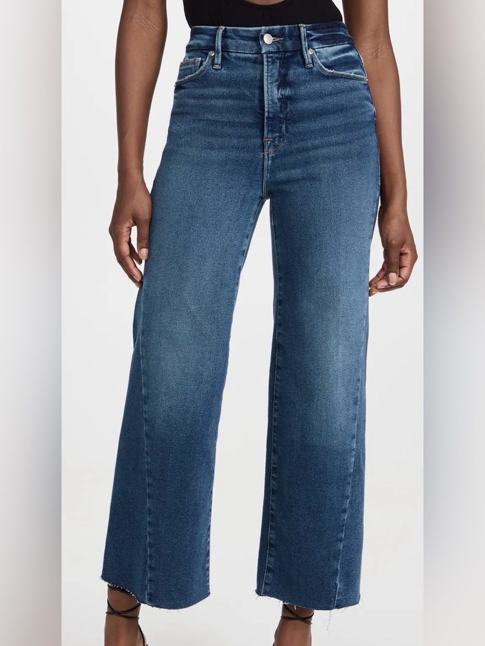 Good American Good Waist Palazzo Crop Jeans Fray Hem Indigo 394 Sz 29